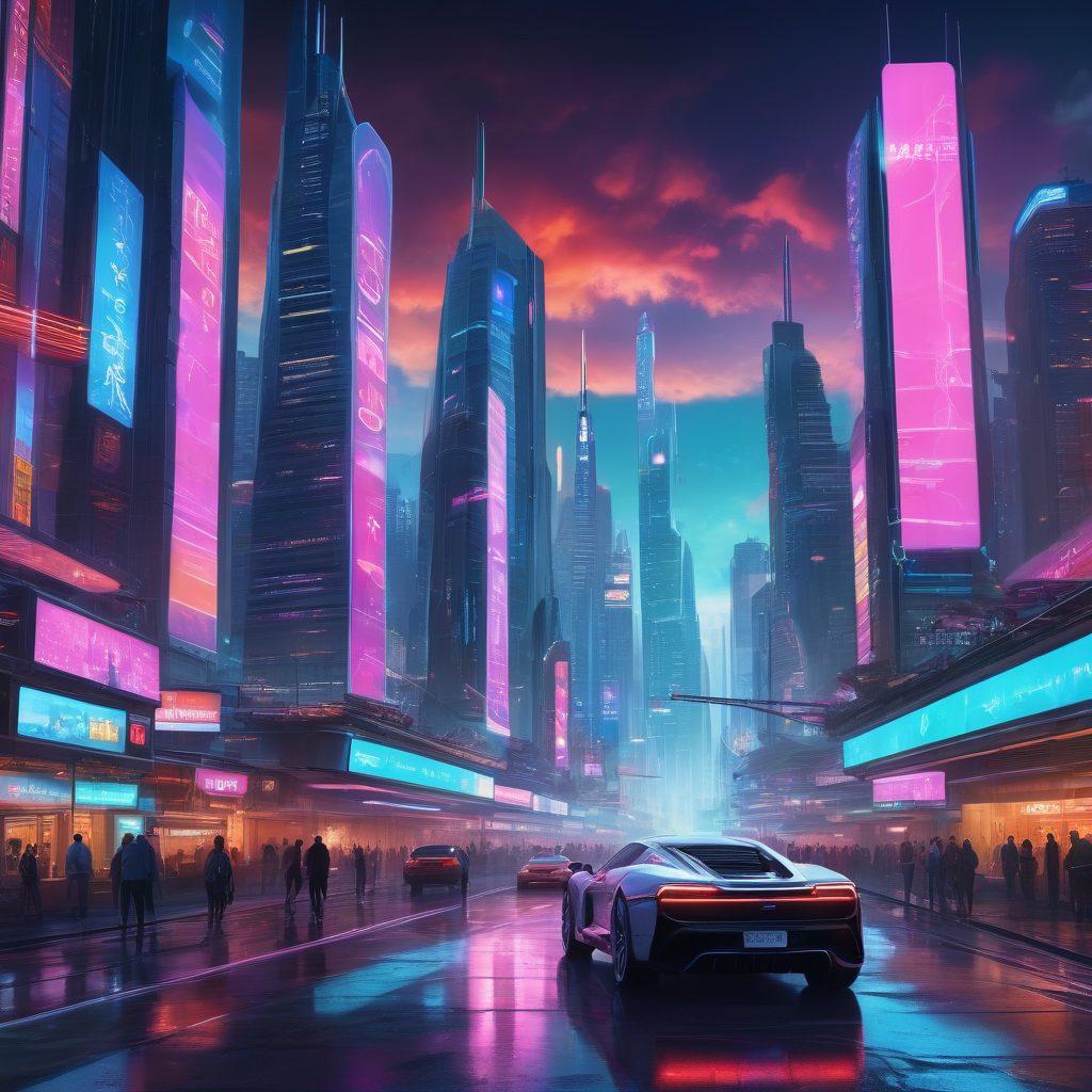 A futuristic city skyline illuminated with vibrant neon lights, showcasing advanced technology like flying cars, holographic billboards, and smart buildings. In the foreground, a diverse group of people using various digital devices, illustrating the integration of technology in daily life. Subtle graphs and digital interfaces hover around them, symbolizing innovation and growth. The overall atmosphere should be dynamic and inspiring, inviting viewers to explore the rapidly evolving digital landscape. cyberpunk. vibrant colors. super-realistic.