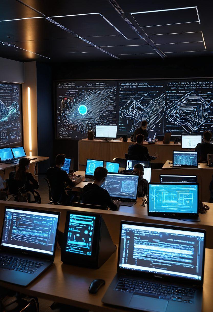 A futuristic workspace showcasing a diverse group of software developers collaborating on laptops, surrounded by flowing code graphics and lightbulb ideas floating around. A chalkboard filled with coding concepts and reviews in the background. The atmosphere should invoke creativity and innovation with bright colors and modern technology elements. super-realistic. vibrant colors. 3D.