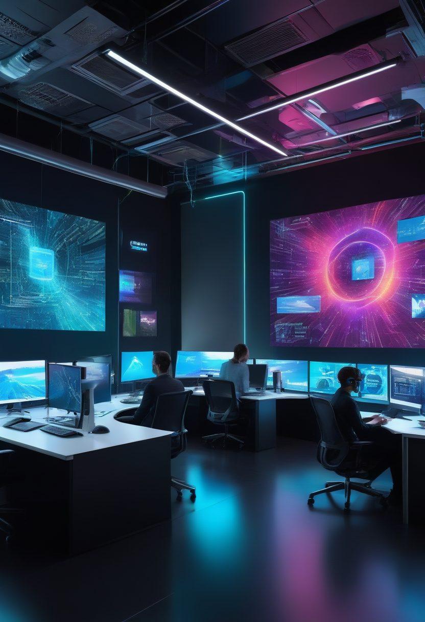 A dynamic and futuristic workspace filled with innovative tech gadgets, software code flowing across digital screens, and a group of diverse individuals collaborating passionately. The scene should evoke a sense of creativity and inspiration, showcasing cutting-edge technology like virtual reality headsets and holographic displays. Incorporate bright colors to emphasize energy and innovation. super-realistic. vibrant colors. 3D.